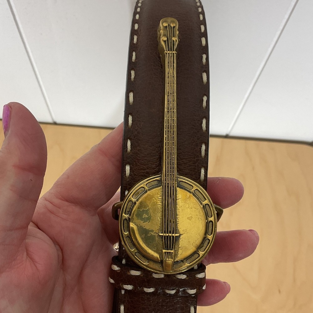 VTG Baron Buckle Brass Banjo 1978 Nocona Brown Leather White Trim 1 1/2" Wide LG - Picture 3 of 6